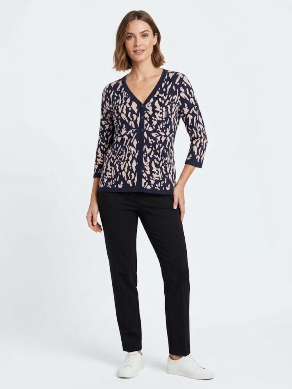 Christopher & Banks Navy and White Patterned Button-Front Cardigan